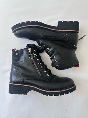 Pikolinos Leather Lace-Up Combat Boots with Side Zipper